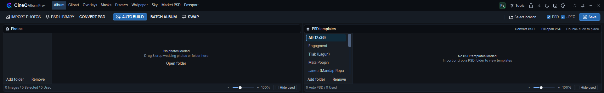 CineQ Album Pro dock with Import Photos, PSD Library, Convert PSD, Auto Build, Batch Album and SWAP controls