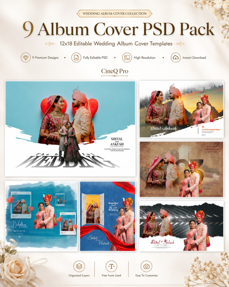Wedding Album Cover PSD Templates Pack – 12x18 Editable Photoshop Designs